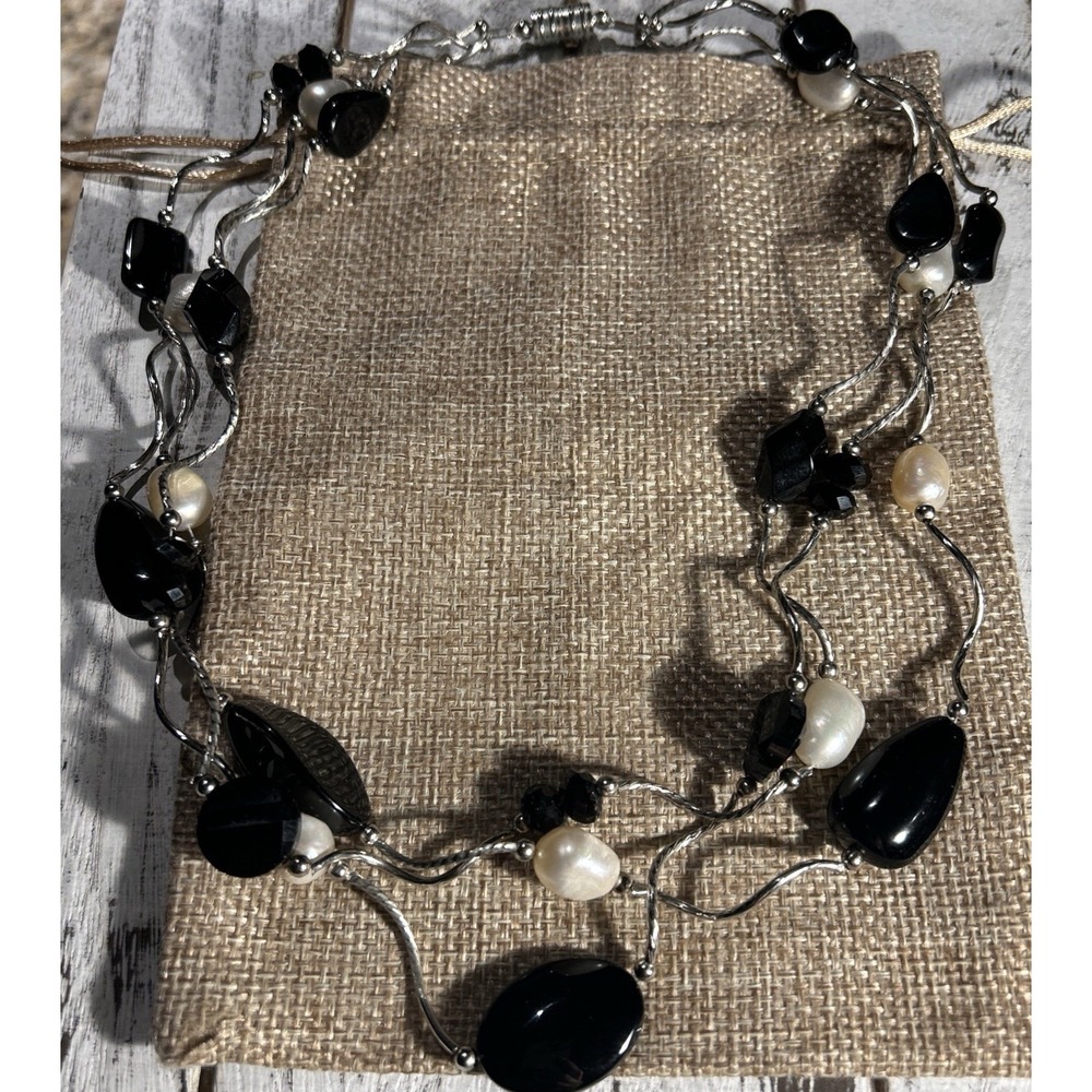 Artisan Black Crystal + Glass Bead Freshwater Pearl 3- Strand Wavy Link Necklace
